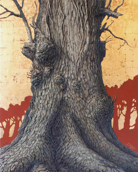 huile sur toile représentant un tronc d'arbre avec fond en feuilles d'or 