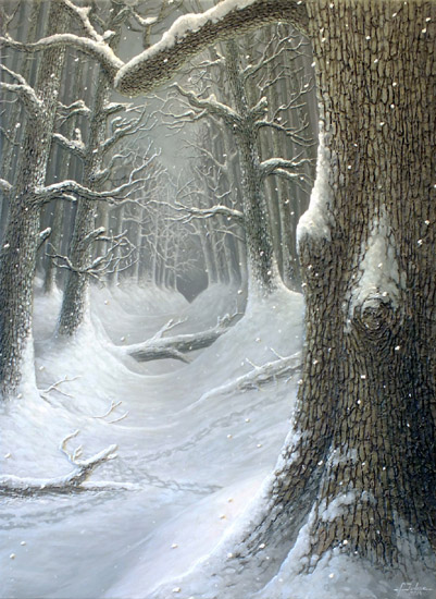 tableau d'un bois sous la neige avec des traces de pas