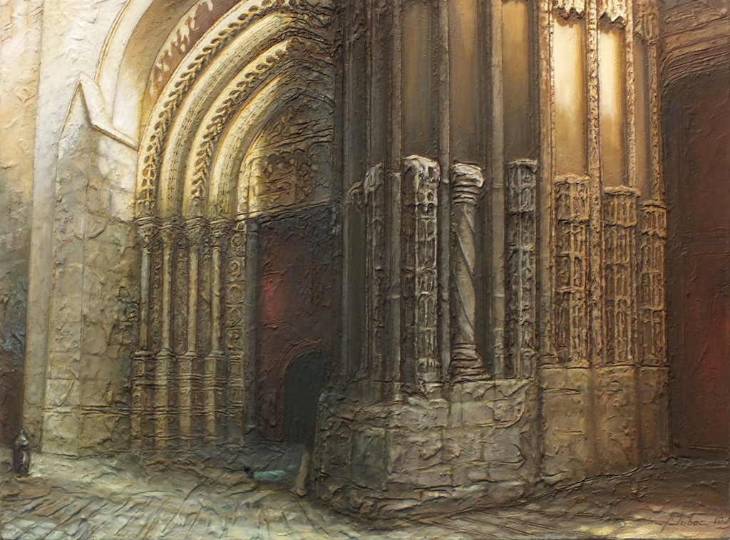 tableau avec un clochard devant un portail de la cathedrale de rouen
