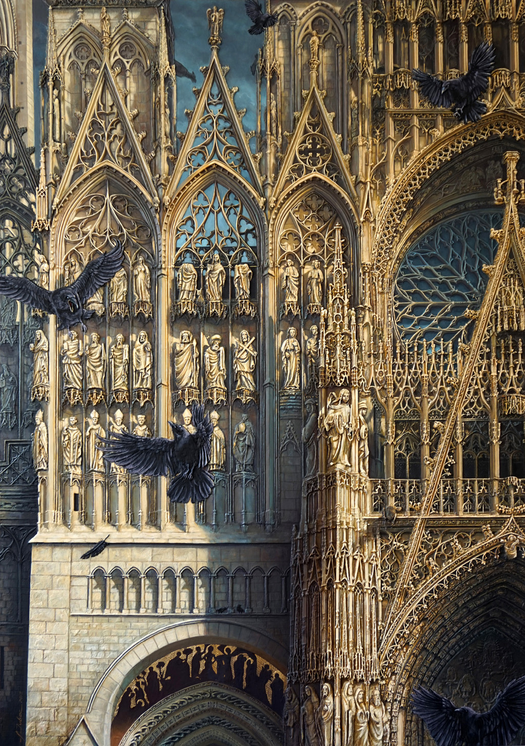 peinture sur toile de la facade ouest de la cathedrale notre dame de rouen avec un vol de corbeaux