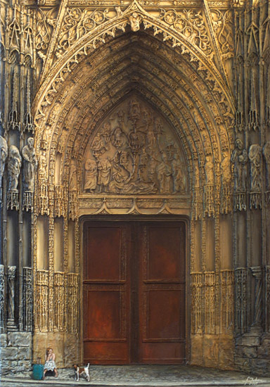 peinture sur toile du portail central de la cathedrale notre dame de rouen avec un personnage assis pres d'une valise et d'un chien