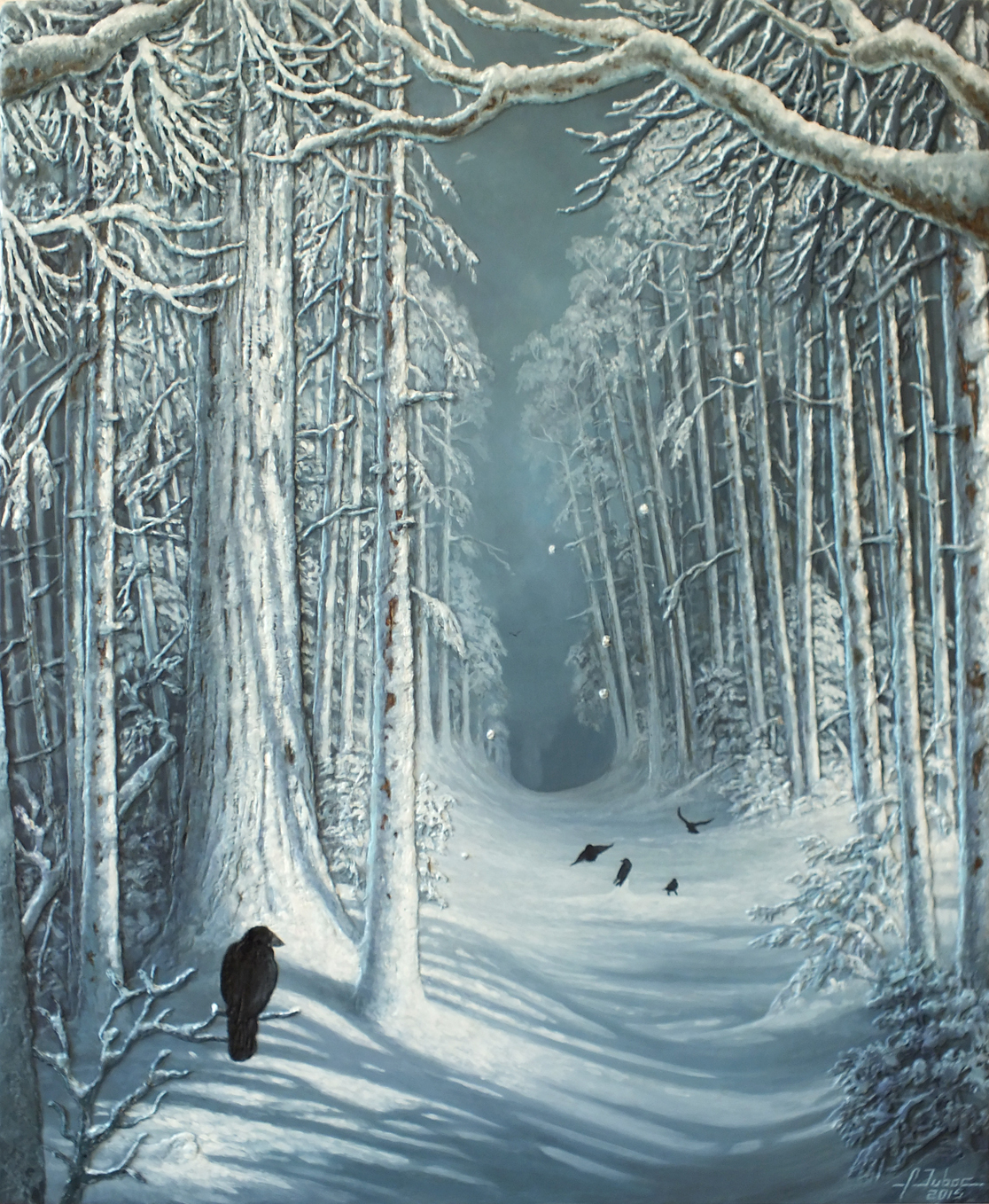 peinture d'un sous bois sous la neige avec des corbeaux