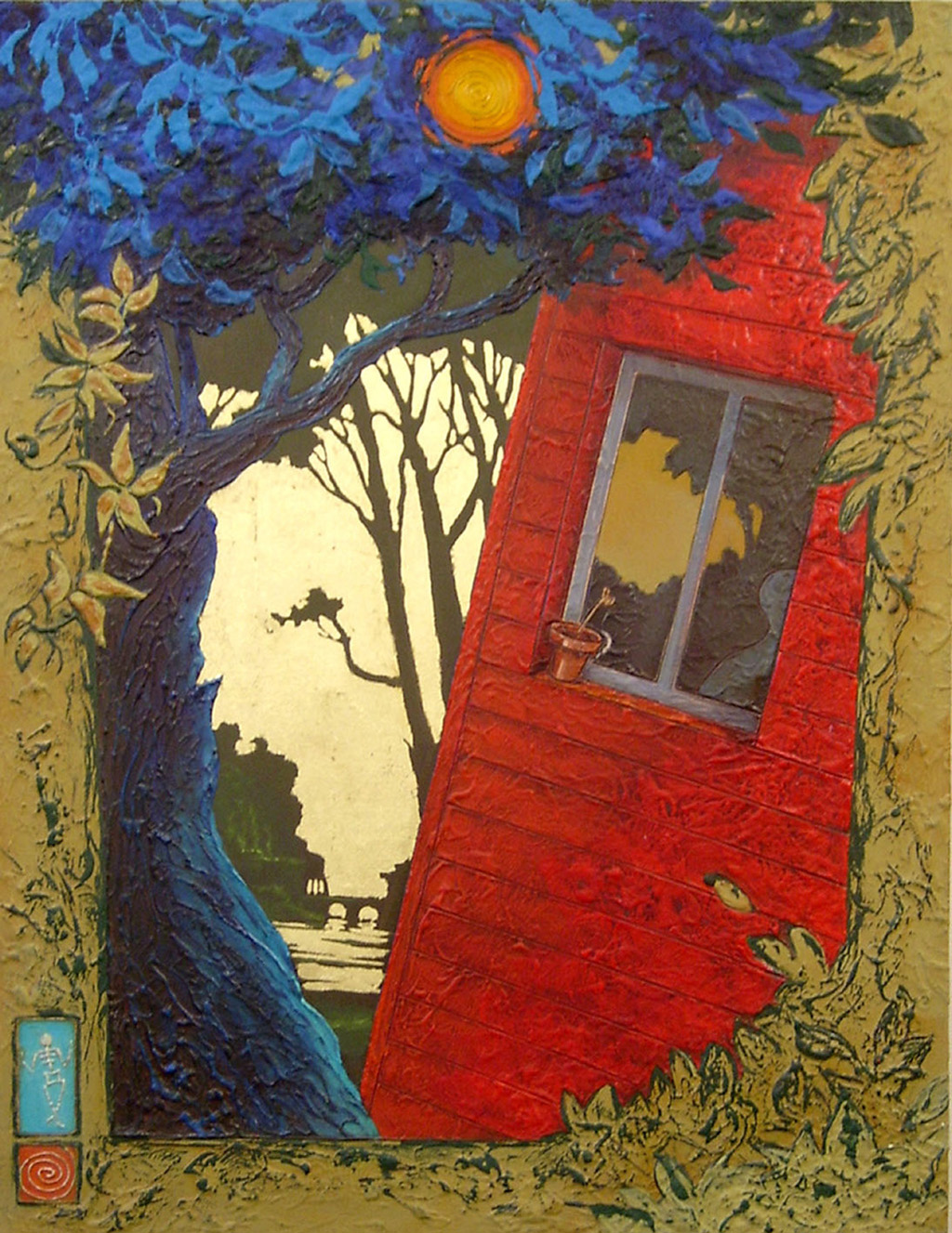 peinture d'un personnage s'ennuyant derrière sa fenêtre avec un ciel en feuille d'or