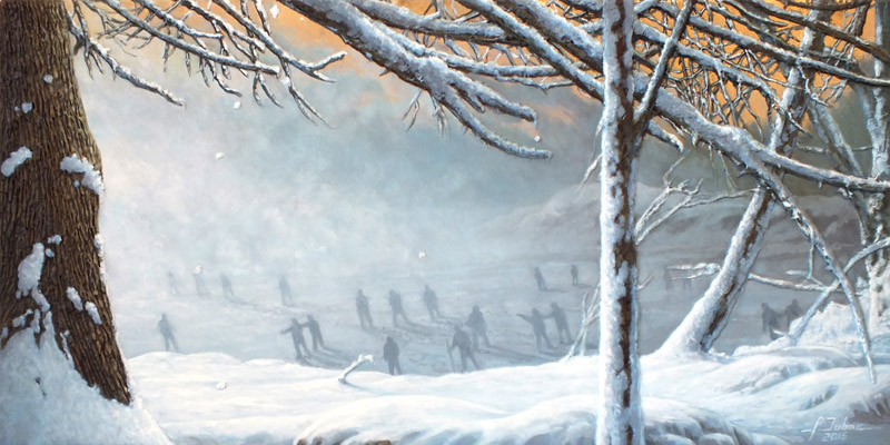 peinture d'un paysage d'hiver dans la brume avec des personnages