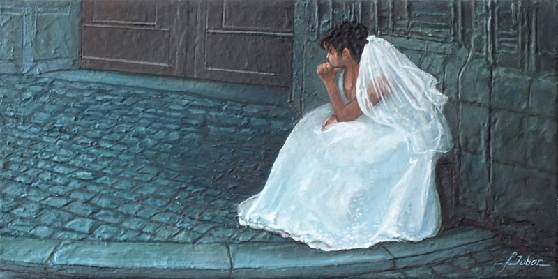 tableau d'une mariée attendant devant l'église