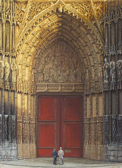 tableau de deux personnages devant le portail central de la cathedrale de rouen