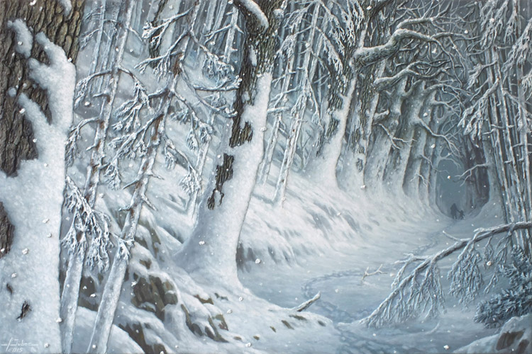 peinture d'un sous bois sous la neige
