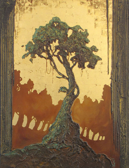 peinture d'un d'un arbre faon orientale avec un ciel en feuille d'or