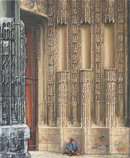 tableau d'un sdf mendiant devant la cathedrale notre dame de rouen