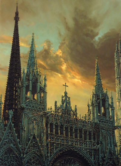 peinture sur toile d'un soleil derriere des nuages eclairant la cathedrale notre dame de rouen