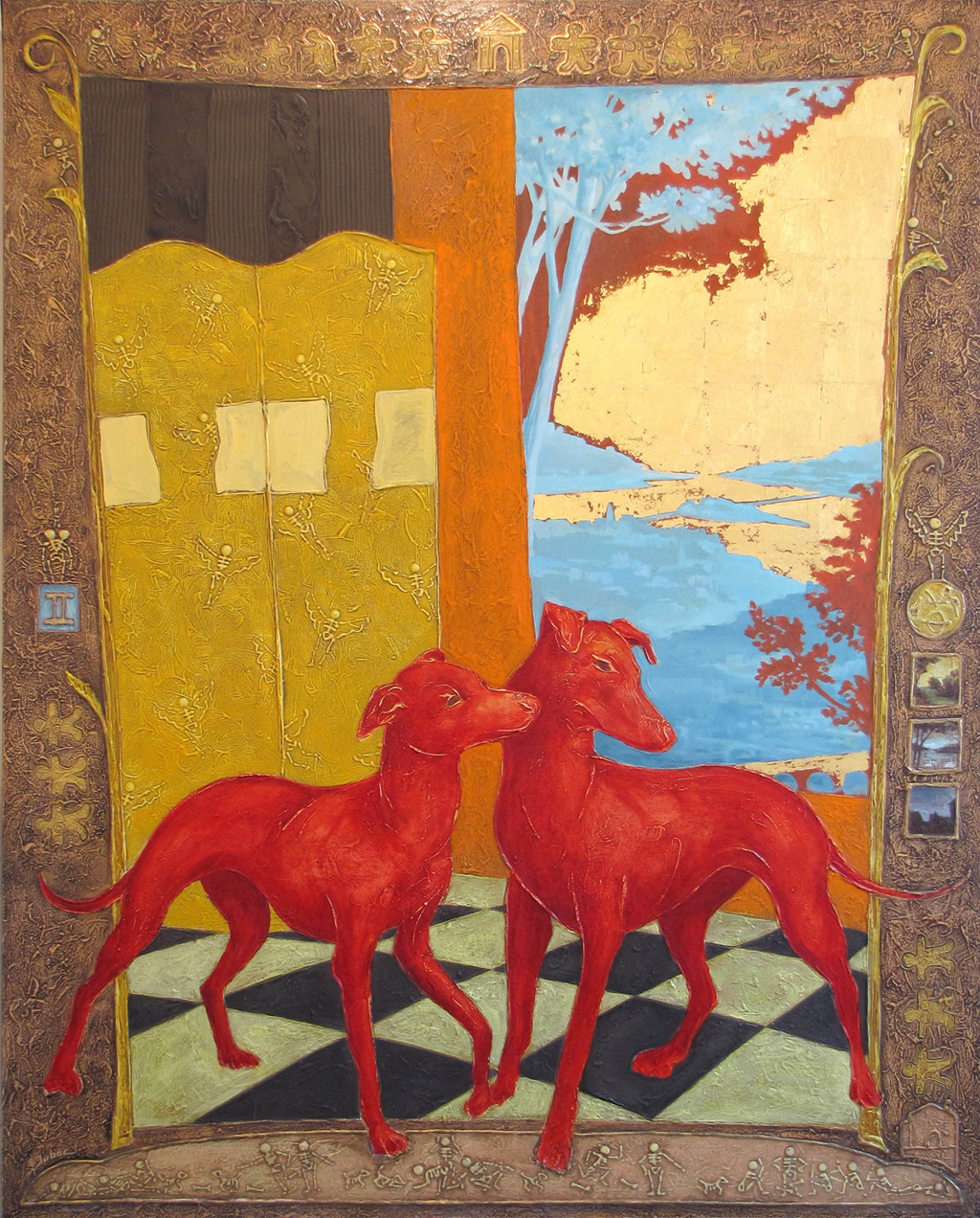 peinture de deux chiens rouges avec un ciel en feuille d'or