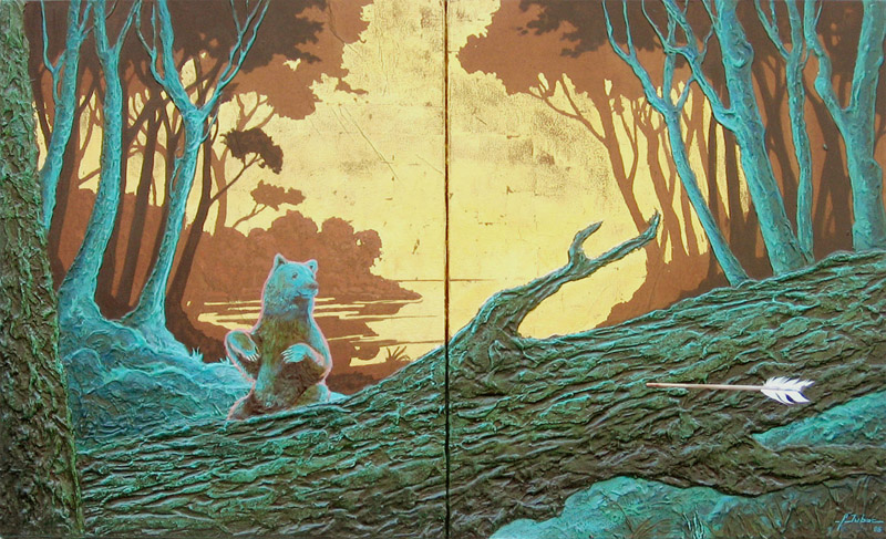 diptyque illustration d'une chasse  l'ours avec ciel en feuille d'or