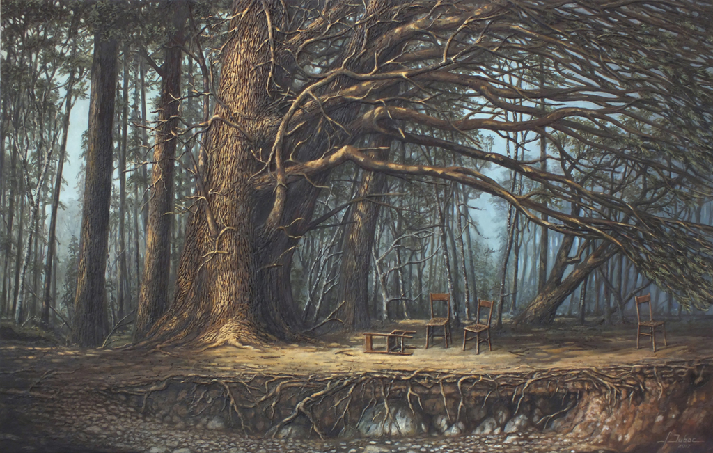 Les chaises, peinture de François Duboc : trois chaises et une table renversée dans une clairière, sous un immense arbre dont les racines apparaissent en coupe