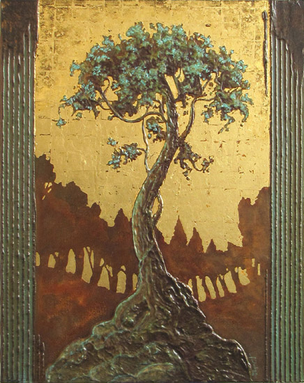 peinture d'un arbre faon orientale avec un ciel en feuille d'or